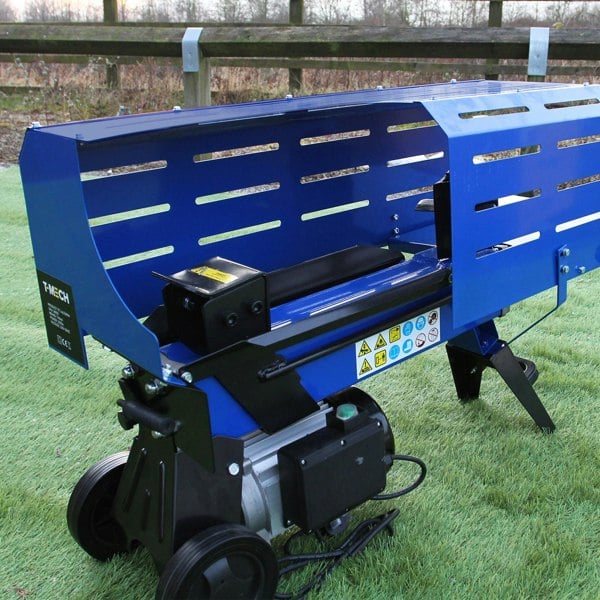 T-Mech 5T log splitter features a robust blue metal body, a powerful motor, and a sleek design with ventilation slots for efficient operation