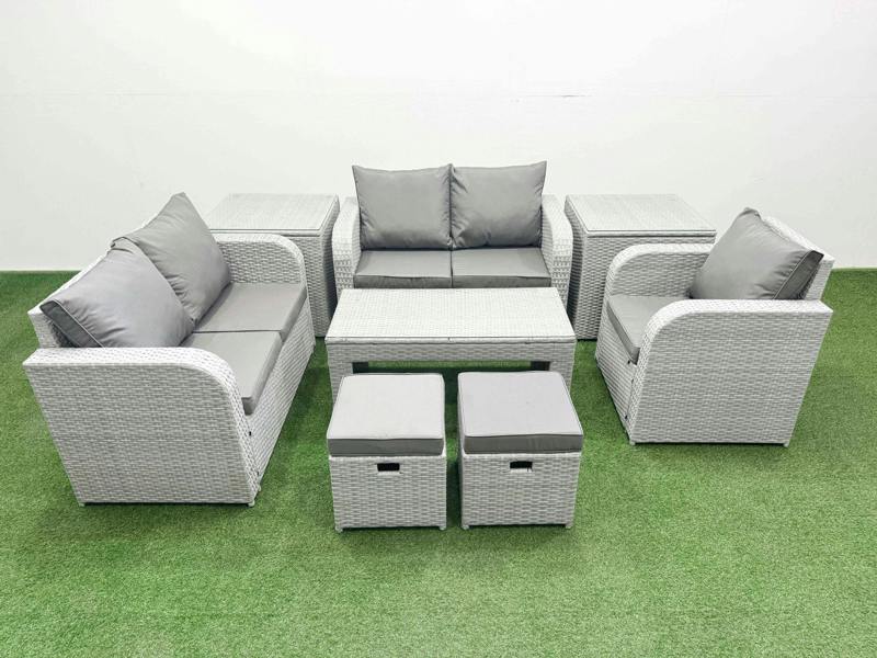 Fimous 2 Stool Patio Sofa Set, High Back Poly Rattan, Reclining Loveseat, Oblong Coffee Table, Indoor Outdoor and 2 Side Tables, Light Grey
