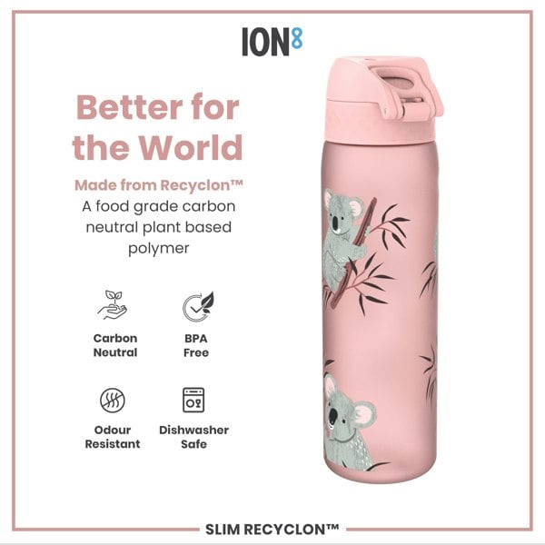 A pink water bottle, featuring koala illustrations, sits against a white background. The bottle is made from a plant-based polymer and is BPA free, dishwasher safe, odor resistant, and carbon neutral. The text also reads "Better for the World" and "SLIM RECYCLON™".