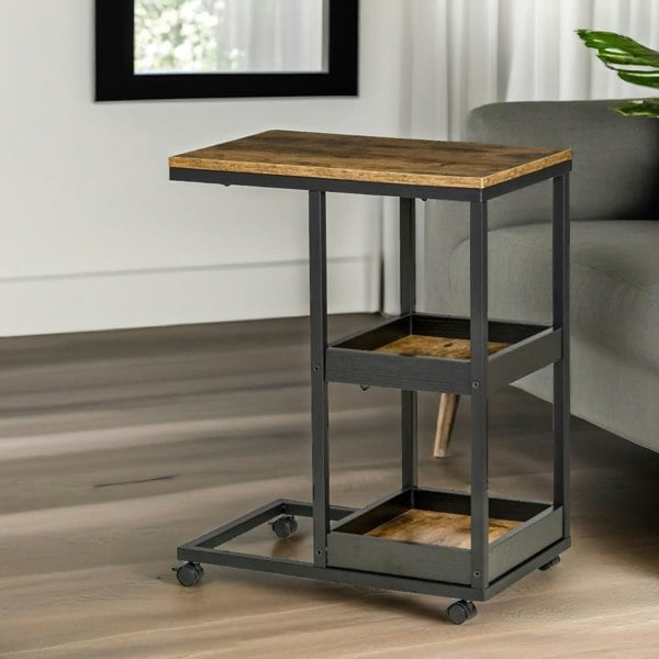 Rafaelo Mobilia Industrial C Shaped Side Table 3-Tier With Wheels