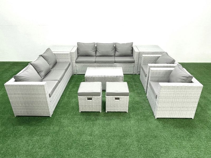 Fimous Outdoor Rattan Sofa Garden Furniture Set with 2 Armchairs Oblong Coffee Table 2 Small Footstools 2 Side Tables Light Grey Mixed