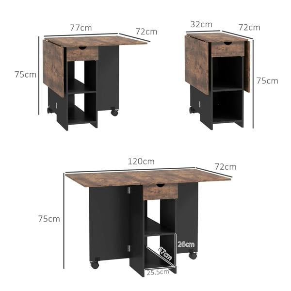 Folding drop-leaf dining table with open drawer and cabinet storage, shown from multiple angles.