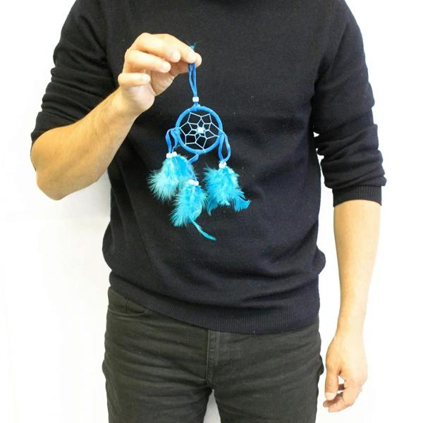 Small blue round dreamcatcher with blue feathers and net web, hanging from a loop