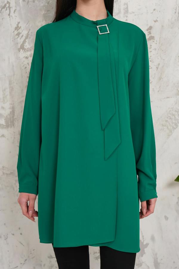 Hoxton Gal Oversized High Neck Tunic Top with Brooch Details in Dark Green