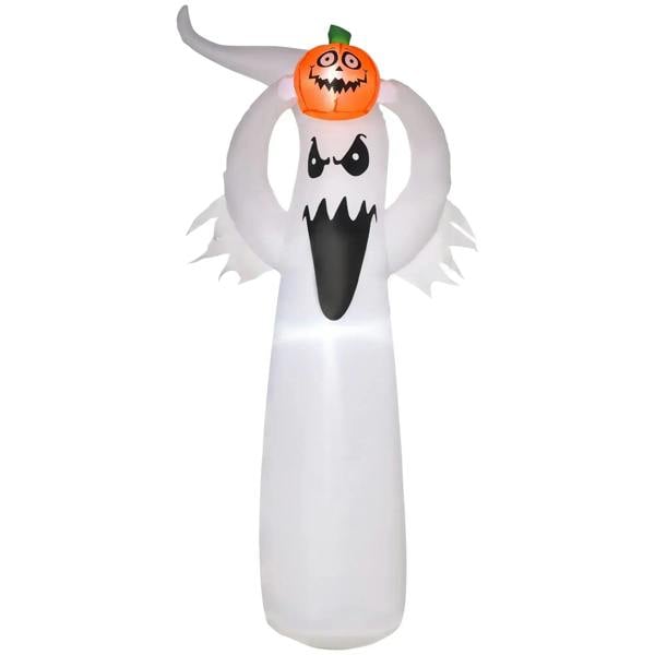 White inflatable ghost decoration with jack-o-lantern head and black face details