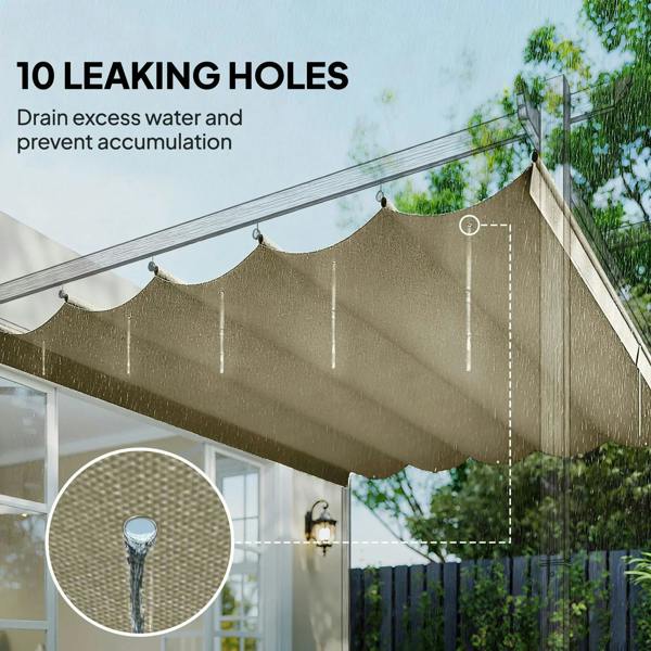 Beige retractable canopy cover with drain channels to prevent water pooling