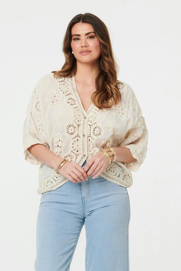 Beige | Crochet 3/4 Sleeve Relaxed Cardigan