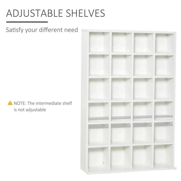 White CD storage unit with many cubby shelves and adjustable shelf positions