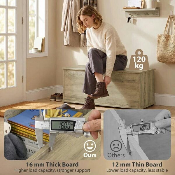 Large 114L Storage Chest Grey Wood Bench Trunk with Safety Lid for Bedroom Hallway and Living Room 100 x 40 x 40cm