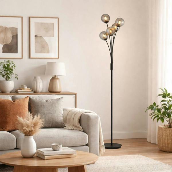 Pagazzi Lighting Navarro Matt Black & Smoked Glass Floor Lamp