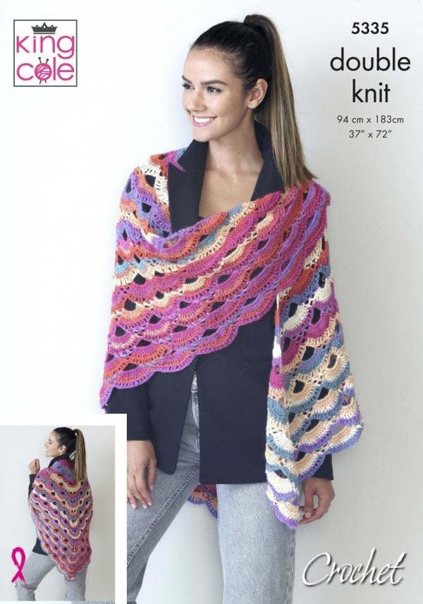 King Cole Riot DK Crochet Pattern 5335, Shawls, Wraps for Women, 94cm x 183cm