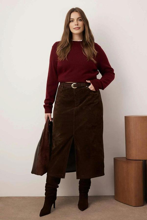 WOVCOR Slit Suede Look Plus Size Denim Skirt