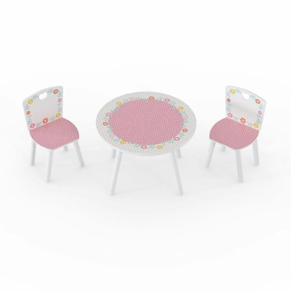 A white toddler table and 2 chair furniture set. It shows the pink polka dot and multi-colour floral pattern designed graphics.