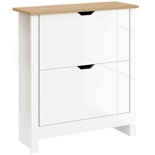 Wyld Haus Sakeno High Gloss White Slim Shoe Cabinet With 2 Flip Drawers For 12 Pairs