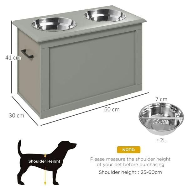 Grey raised dog bowl feeder with two stainless steel bowls on an elevated base.
