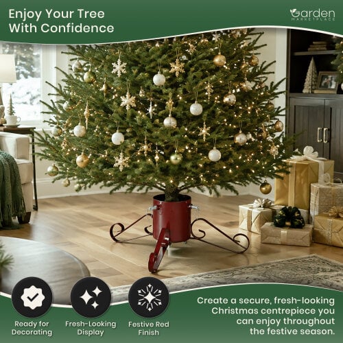 Large Metal Christmas Tree Stand, Glittery Red Finish, Water Reservoir Base for Real Trees up to 2.5m