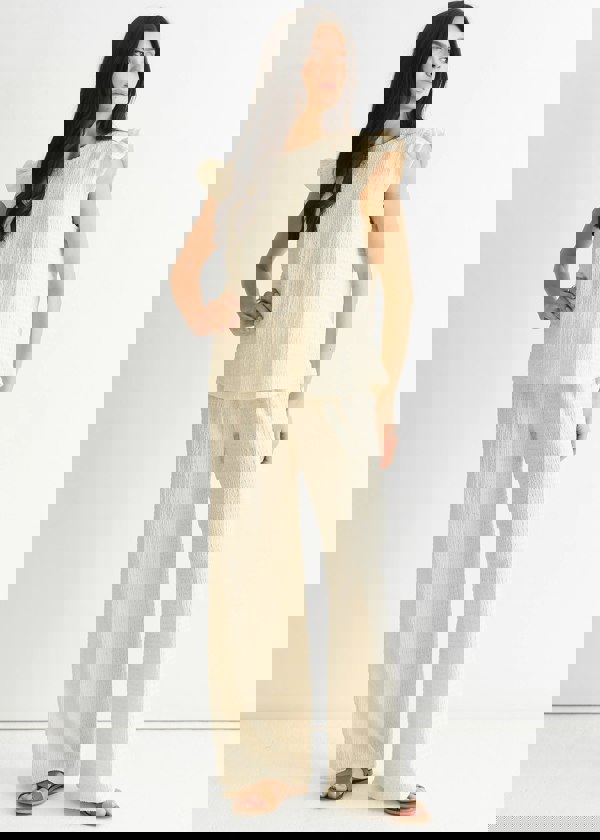 Gini London Ivory Textured Elastic Waist Pull On Trousers