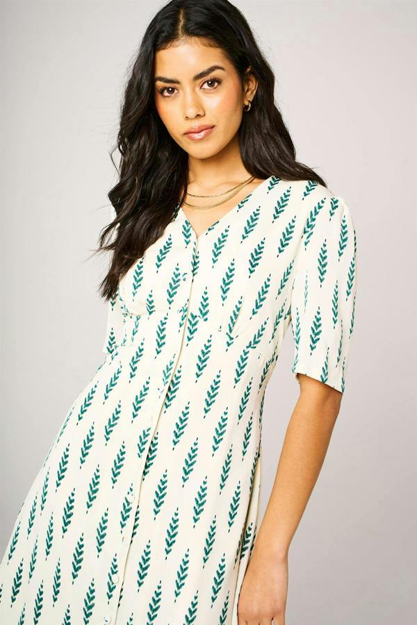 FS Collection Green Leaf Print Button Front Midi Dress In White