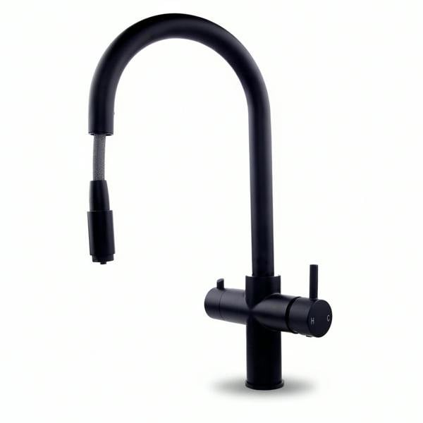 A modern round neck matt black pull out boiling water tap on a white background