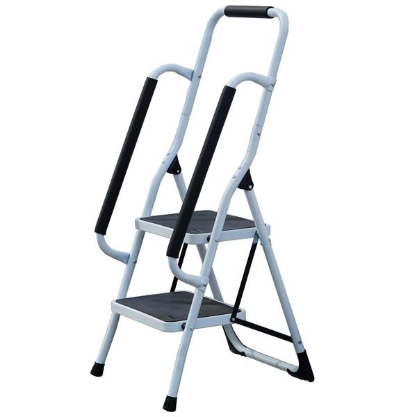 Gr8 Home 2 Step Ladder Folding Stool Non Slip Tread Steel Foldable Home DIY With Handrail