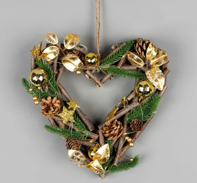 3cm Battery Operated LED Twig Heart Hanging Decoration in Gold image 1