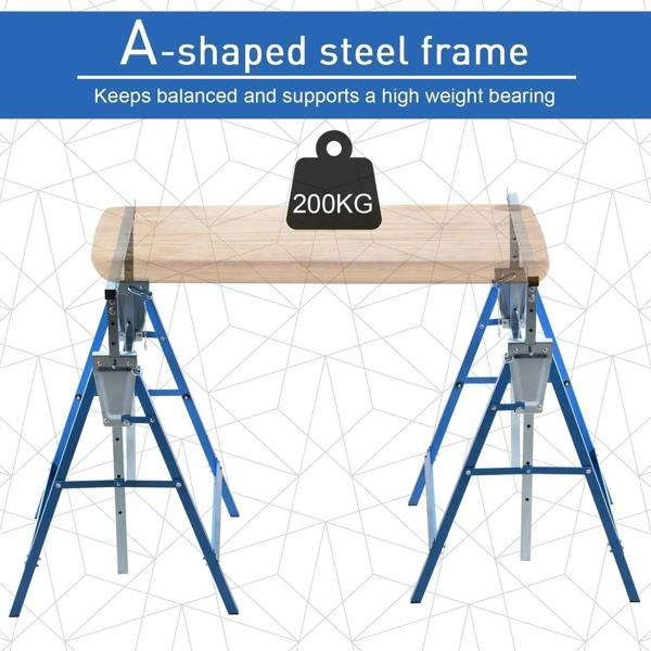 Blue A-shaped steel trestle stands supporting a plank with reinforced stable frame