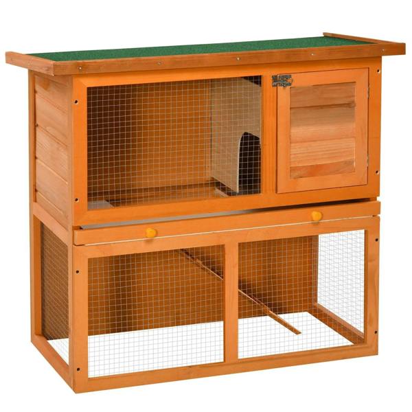 Two-tier wooden rabbit hutch with green top, orange frame, and wire mesh front doors