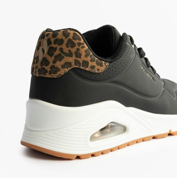 Skechers 177093/BKLD UNO-JUNGLE NITE Womens Trainers Black Durabuck/Leopard Printed
