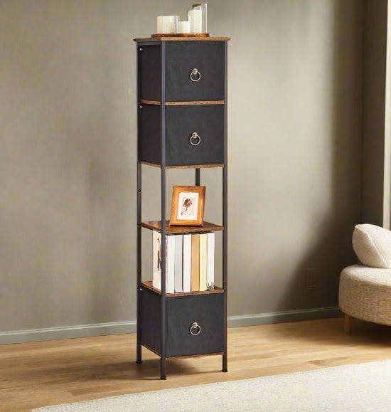 Modcraft Tall Narrow Corner Storage Cabinet – 3 Fabric Drawers & 2 Open Shelves, Slim Bathroom Unit