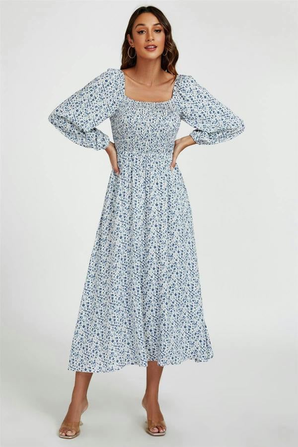 FS Collection Floral Print Square Neck Maxi Dress In Light Blue