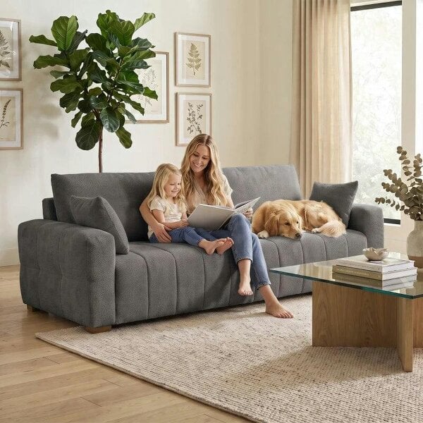 3 Seater Sofa, Upholstered Velvet Couch for Bedroom with Pillows, Padded Cushion and Wood Legs, Grey