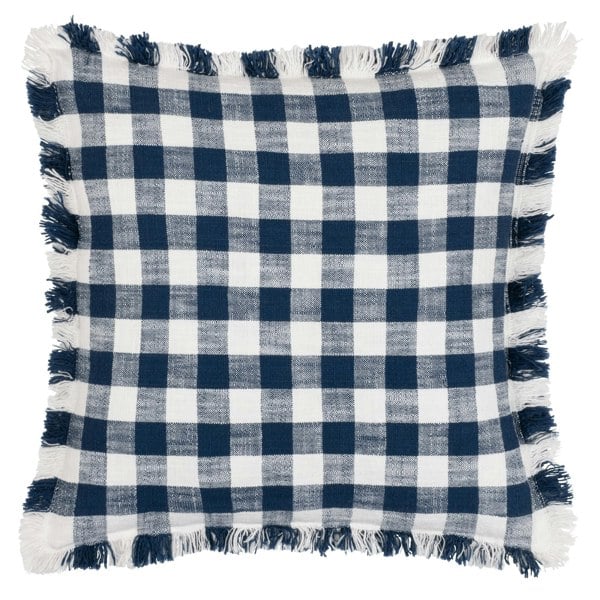 Yard Barton Fringed Checked Cushion Cover - Navy