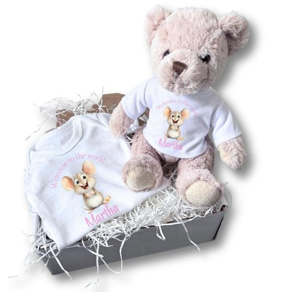 Personalised Pink Mouse Welcome to the World Baby Gift Box - Teddy & Vest