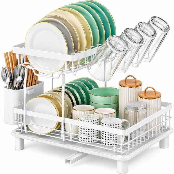 ATEK 2 Tier Dish Drying Rack with Drain Tray, Glass & Cutlery Holder – White