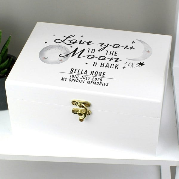 Personalised Memento Company Personalised Baby To The Moon and Back White Wooden Keepsake Box