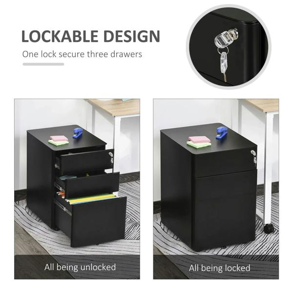 Black three-drawer lockable filing cabinet with key cylinder and locked/unlocked views