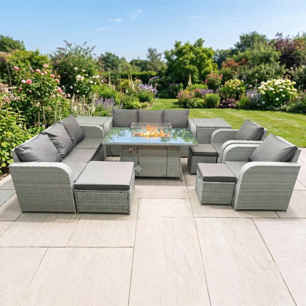Fimous 11 Seater Rattan High Back Lounge Sofa Set with Fire Pit Dining Table, 3 Seater Sofa, Reclining Chair, 3 Stools & 2 Side Tables - Light Grey