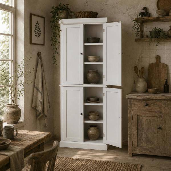 Wyld Haus Varofa Wooden White Freestanding Kitchen Cupboard With 4 Doors And 6 Tier Shelving