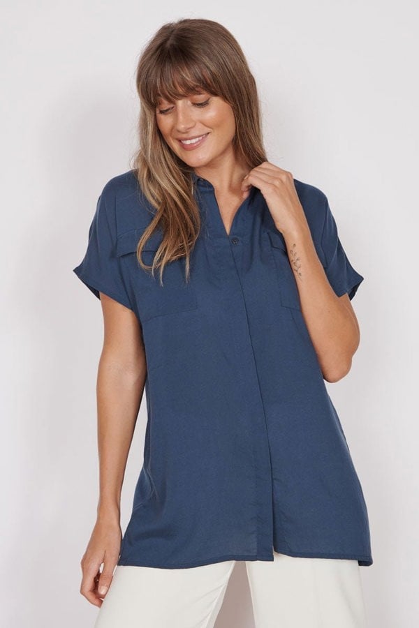 Jeetly.comThalia Navy Short Sleeve Utility ShirtShirts & Tops