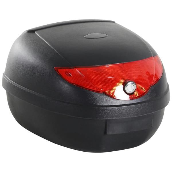 Black hard motorcycle top box with red tail light and round lock knob