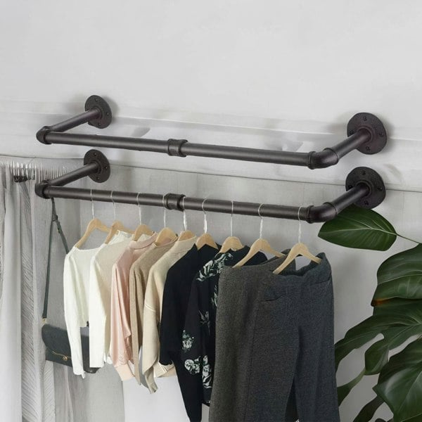 Rafaelo Mobilia 2PC Heavy Duty Pipe Wall-Mounted Hanging Rails Black