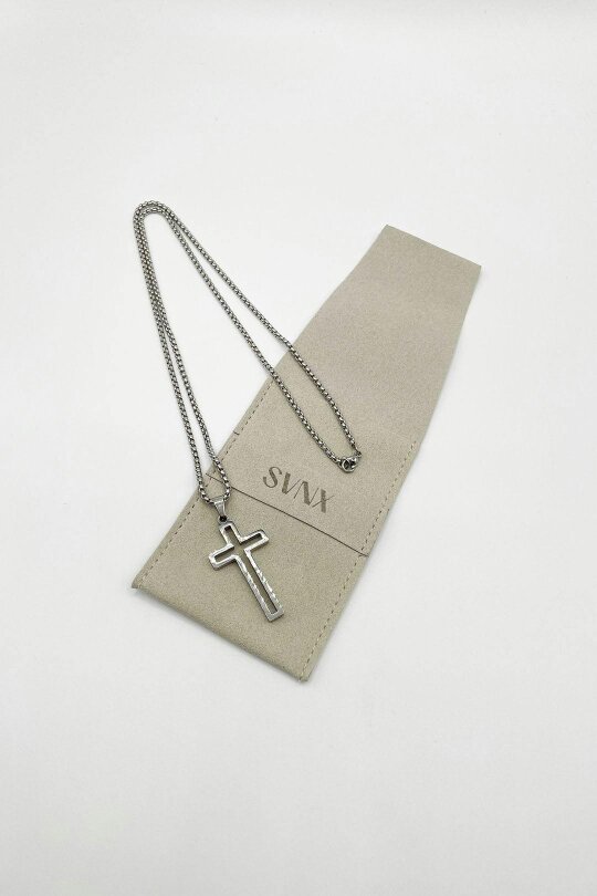 SVNX Hollow Cross Pendant Necklace in Silver