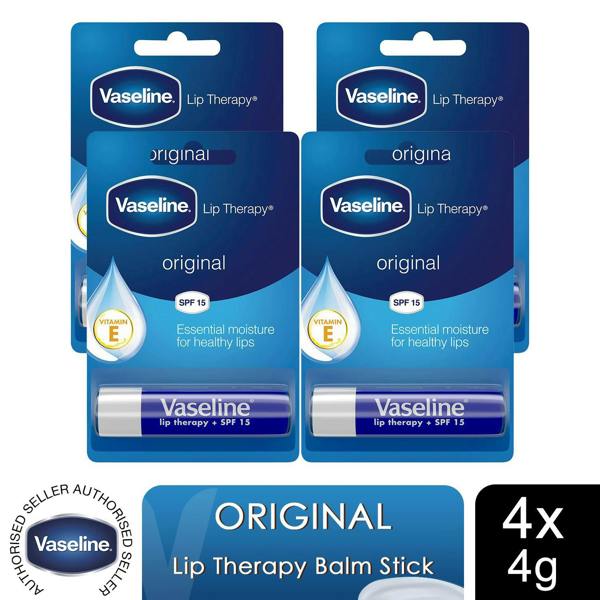Vaseline Lip Therapy Balm Sticks, Original 4gm Hydrating Lip Care Balm, 4 Pack