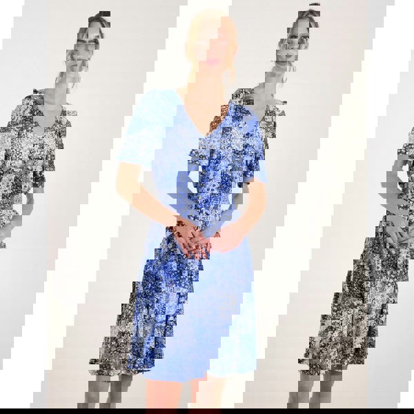 Blue Vanilla Shirred Waist Button Front Patchwork Mini Dress