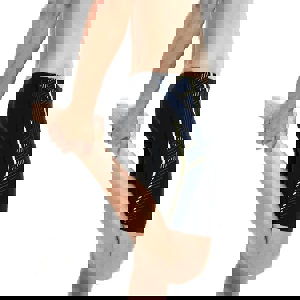 Speedo Tech Panel Jammer black blue swim trunks with yellow accents