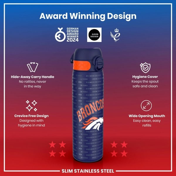 A slim stainless steel water bottle, featuring a Broncos design, sits against a red and blue gradient background. The bottle displays several design features, including a hide-away handle and a hygiene cover. Award logos are shown.
