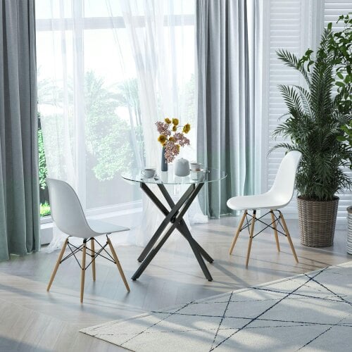 Wyld Haus Bama Metal Black Round Glass Dining Table With Clear Tempered Top For Living And Dining Rooms