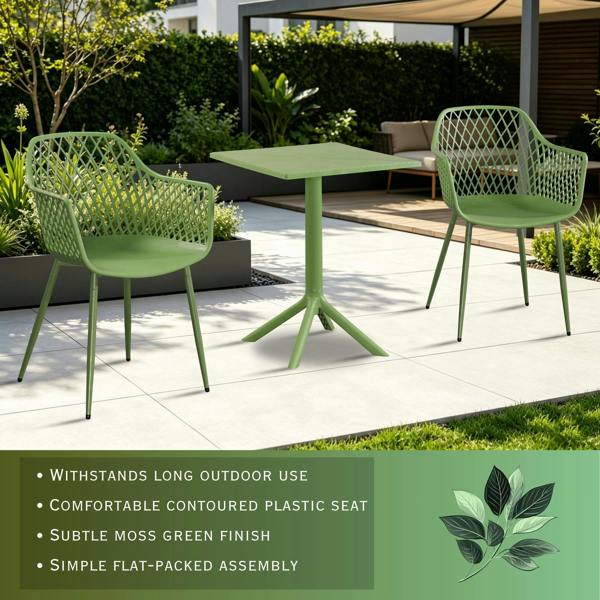 Core Products 3 Piece Bistro Garden Set, Pair Of Lattice Armchairs & Square Plastic Table, Moss Green