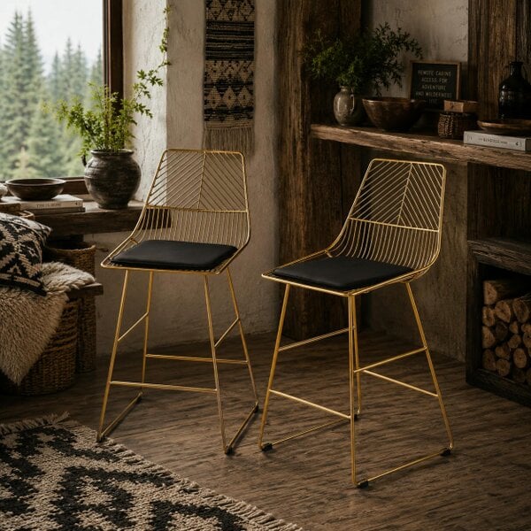 Wyld Haus Sunira Metal Gold Counter Bar Stools Set Of 2 With Wire Frame Design