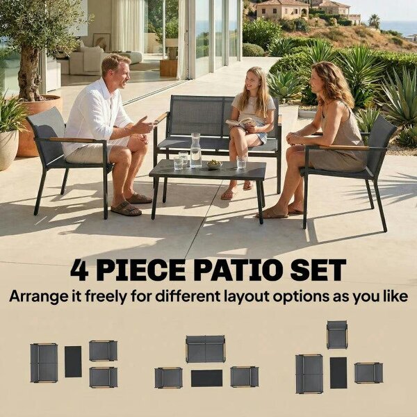 4 Seater Garden Furniture Set with Loveseat, Armchairs, Table, Metal Garden Sofa Set with Breathable Seats, Grey